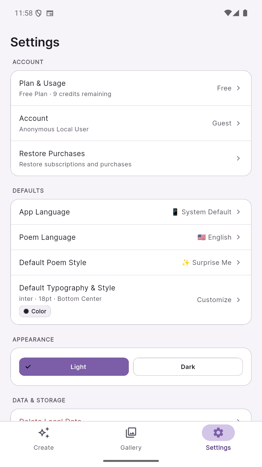 poemtograph Settings & Ledger
